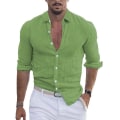 Miniatyrbild 5 av 5: Herr bomull Linne Lapel Beach Shirt grön L