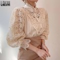 Pikkukuva 4 / 5: Naisten Paidat Vintage Solid White Pitsipusero Naisten Korean Button Löysä Paita Topit Ontot Kevät Casual Naisten Puserot White M