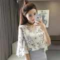 Miniatyrbilde 1 av 5: Blomsterskjorte for kvinner Liten V-hals Damebluser Koreansk Søt Blomstret Ruffled Butterfly Arm Chiffon Topper XL Hvit XL White