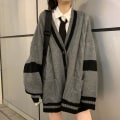 Miniatyrbillede 1 af 5: Deeptown Grå Stribet striktrøje Cardigan Kvinder Koreansk Stil Harajuku Oversize Jumper Preppy Mode Kvinde Overdele Vinter