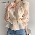 Pikkukuva 5 / 5: Muoti Vintage Sifonkipusero Naisten 2021 Uusi Puff Sleeve Röyhelöt V-kaula-paita Naisten Silm Casual Naisten Puserot Topit