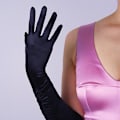 Miniatyrbillede 4 af 5: Elegant Satin Sort Lang Finger Kjole Handsker Kvinder Retro Plisseret Elastik