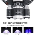 Miniatyrbillede 4 af 5: Hhcx-led lilla pandelampe 6000lm Xm T6+2*xpe 395nm forlygte lommelygte 3 mode usb |forlygte