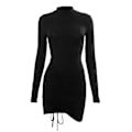 Miniatyrbillede 1 af 5: Elegant sort rynket bodycon kjole med lange ærmer og snøre til julefrokoster