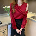 Miniatyrbillede 4 af 5: V-hals Slank Kvinder Off-Soulder Langærmet Chiffon Bluse Autumn Elegant Satin Skjorte Solid Ol Toppe Red S