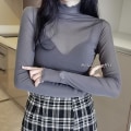 Miniatyrbillede 2 af 5: Forår Efterår Kvinders Sexet Gennemsigtig Mesh Bluse Kvinde Langærmet Gennemsigtig Elegant skjorte Mode Kvinder Toppe Hvid White