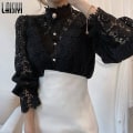 Pikkukuva 5 / 5: Naisten Paidat Vintage Solid White Pitsipusero Naisten Korean Button Löysä Paita Topit Ontot Kevät Casual Naisten Puserot Apricot S