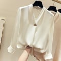 Miniatyrbillede 1 af 5: Efterår Kvinder 2023 Modebluser Solid Plus Size Kvindetøj Løs skjorte Langærmet bluse med V-hals Enkel Ol Feminin White XXL