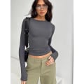 Miniatyrbillede 2 af 4: Kvinder Casual Langærmede T-shirts Forår Efterår Solid Slim Fit Pullovere T-shirts T-shirts Kvinder Streetwear Base T-shirts Toppe Casual Gray M