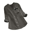 Miniatyrbild 1 av 5: Damskjorta Printed ficka bomull Linne blus V-hals Casual långärmad skjorta Button Down Top Kläder Gray L
