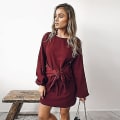 Miniatyrbild 1 av 3: Kvinnor Elegant lång Lantern Sleeve Kort Klänning Crewneck Tie Midja Stickad Cocktail Dress Wine Red Large