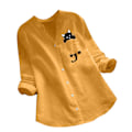 Miniatyrbild 1 av 5: Damskjorta Printed ficka bomull Linne blus V-hals Casual långärmad skjorta Button Down Top Kläder Yellow L
