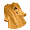 Miniatyrbild 1 av 5: Damskjorta Printed ficka bomull Linne blus V-hals Casual långärmad skjorta Button Down Top Kläder Yellow S