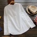 Miniatyrbild 5 av 5: Damskjorta Printed ficka bomull Linne blus V-hals Casual långärmad skjorta Button Down Top Kläder White XXL