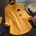 Miniatyrbild 2 av 5: Damskjorta Printed ficka bomull Linne blus V-hals Casual långärmad skjorta Button Down Top Kläder Yellow XXL