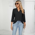 Miniatyrbillede 1 af 5: v-hals jacquard løs top midt-ærmet revers t-shirt sort XL