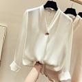 Miniatyrbild 4 av 5: Höst Kvinnor 2023 Mode Blusar Solid Plus Size Damkläder Lös skjorta Långärmad V-ringad blus Enkel Ol Feminin White Size Info