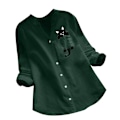 Miniatyrbild 1 av 5: Damskjorta Printed ficka bomull Linne blus V-hals Casual långärmad skjorta Button Down Top Kläder Green M