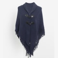 Miniatyrbillede 1 af 5: Kappe kvast Horn Spænde Ensfarvet Uregelmæssig Dobbelt Layer Tassel Cape Sjal navy blue 120cm