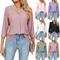 Miniatyrbillede 2 af 5: v-hals jacquard løs top midt-ærmet revers t-shirt sort XXL