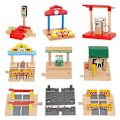 Miniatyrbillede 3 af 5: Hhcx-bøg trætogbanedele Vejspærring Tankstation Træskinner Tilbehør Passer til træjernbaneskinner Red legetøj til børn Ny Red small platform