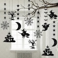 Miniatyrbilde 1 av 4: Halloween-hengende sett med flaggermus og edderkopper, 12 deler Halloween-pynt svarte glitrende flaggermus heks edderkoppnett spøkelse banner gir...