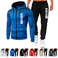 Miniatyrbild 6 av 7: Män Helzippade Tryckt Hoodie Jacka Långa Sweatpants Joggers Sport Gym Tracksuit Set Dark Grey-Black L