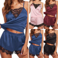 Miniatyrbild 3 av 4: 2PCS Dam Sleeveless Strap Pyjamas Set Sommar Nattkläder Kostym wine red L
