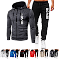 Miniatyrbild 3 av 7: Män Helzippade Tryckt Hoodie Jacka Långa Sweatpants Joggers Sport Gym Tracksuit Set Black-Black M