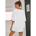 Miniatyrbillede 4 af 5: Oversized sweater til damer med V-hals, stribet digital grafisk skjorte, afslappet street style T-shirt toppe - Large - Pink