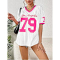 Miniatyrbillede 2 af 5: Oversized sweater til damer med V-hals, stribet digital grafisk skjorte, afslappet street style T-shirt toppe - Large - Pink