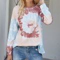 Miniatyrbilde 4 av 4: Uformell dame fargerik batikkmønstret rund hals langermet løs genser sweatshirt topper Gray Khaki
