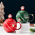 Miniatyrbillede 1 af 5: Sjove julekrus i keramik med julemandslåg og ske, planetformede morgenmadskrus, unik julegave til venner red