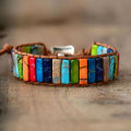 Miniatyrbillede 3 af 4: 7 Chakra Armbånd Håndlavet Farverigt Armbånd Chakra Perler Sten Læder Wrap Armring Smykker Gaver 26 Colored Stone Square Button