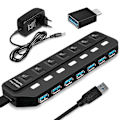 Pikkukuva 1 / 4: Usb Hub Virtalähteellä 3.0 Usb Data Hub Yksittäisillä Led-virtakytkimillä Usb-jakaja Tukee Supernopea Tiedonsiirtoa EU Plug