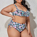 Pikkukuva 5 / 5: Naisten Oversize Bikini 2-osainen Rypytetty Pehmustettu Uima-asu Säädettävät Olkaimet Uimapuku Yhteensopiva Big Flower 2XL