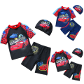 Miniatyrbild 2 av 4: Pojkbadkläder med badmössa - Tryckt sommarstrandshorts för barn - 3-delars badkläder för pojkar - Surfning Black 130cm
