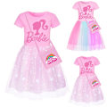 Pikkukuva 4 / 5: Barbie-vaaleanpunainen Prinsessa Cosplay Tyttöjen Mekko Lasten Barbie Mekko Tähti Sateenkaari Pitsihame Olkalaukulla Pink-A 110cm
