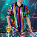 Pikkukuva 1 / 5: Miesten napillinen diskopaita retro 70-luku paljeteilla metallinhohtoinen lyhythihainen juhlapuku Dark Stripes XL