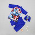 Miniatyrbild 1 av 3: Barn Pojke Tecknad Badset, 3 Delar Set Badtröja + Badshorts + Badmössa, Baddräkt Strandkläder T-shirt Shorts Set #7 L