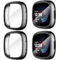 Miniatyrbilde 1 av 8: 4-pakning etui for Fitbit Versa 4/Sense 2 skjermbeskytter, HD støtsikkert mykt TPU-etui med fullstendig beskyttelse for Fitbit Versa Black+Black+Black+Black