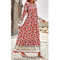Miniatyrbillede 3 af 6: Langærmet Maxikjole til Kvinder - V-udskæring Casual Knap-ned Boho Blomsterprint Efterår Lange Kjoler