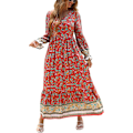 Miniatyrbillede 1 af 6: Langærmet Maxikjole til Kvinder - V-udskæring Casual Knap-ned Boho Blomsterprint Efterår Lange Kjoler