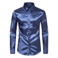 Herr glänsande smal passform satin långärmad skjorta marinblå navy blue S