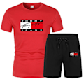 Miniatyrbild 1 av 7: Herrar TomyHilfige Sommar Casual Tracksuit Kortärmad Topp & Shorts Sportset Utomhus Träning T-shirts Shorts Sportkläder Red XL