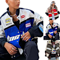 Miniatyrbild 8 av 10: Herr & Dam Retro Racing Cykeljacka Trenchcoat, Färgblockeringstryck Lätt Motorcykel Skollag Jacka Street Jacket Blue M