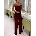 Miniatyrbillede 2 af 2: Jumpsuit til kvinder Lang Jumpsuit Stropløs Skrå Hals Fjer Tube Top Sexy PartyMVinrød Red wine M