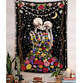 Miniatyrbillede 2 af 5: Skalle-Vægtæppe De Kyssende Elskere Vægtæppe Sort og Hvid Vægtæpper Sort Tarot Skelet Vægtæppe til Værelsesindretning (c