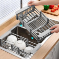 Miniatyrbilde 4 av 4: Teleskopisk Rustfritt Stål Sink Stativ Oppvaskstativ Sink Oppvaskstativ Frukt Avløp Kjøkken Gadget