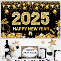 Miniatyrbilde 1 av 5: Svart "Happy New Year" Banner for Nyttårsaften 2025 Dekorasjon, Nyttårs Foto Bakgrunn Dekorasjon (180*115cm)